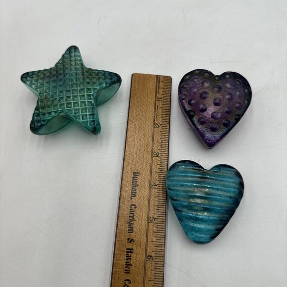 3 Robert Held Heart Glass Paperweight Teal Iridescent Lattice Grid Star Signed - Picture 3 of 11